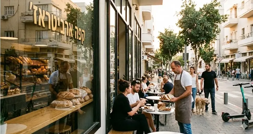 בית קפה שכונתי שמוכר לחם שנקנה במאפייה סמוכה כחלק מחוויית האירוח