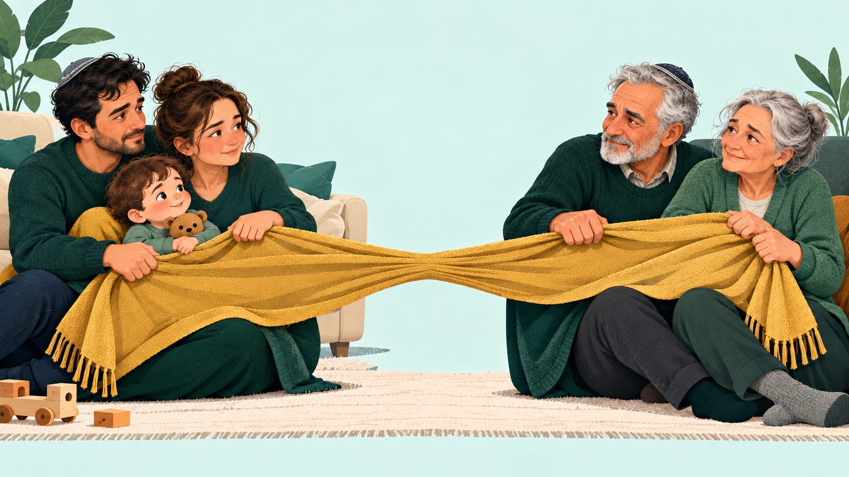 זוג צעיר עם פעוט, ומולם אותו זוג בגיל מבוגר, מושכים משני הצדדים שמיכה אחת קצרה מדי