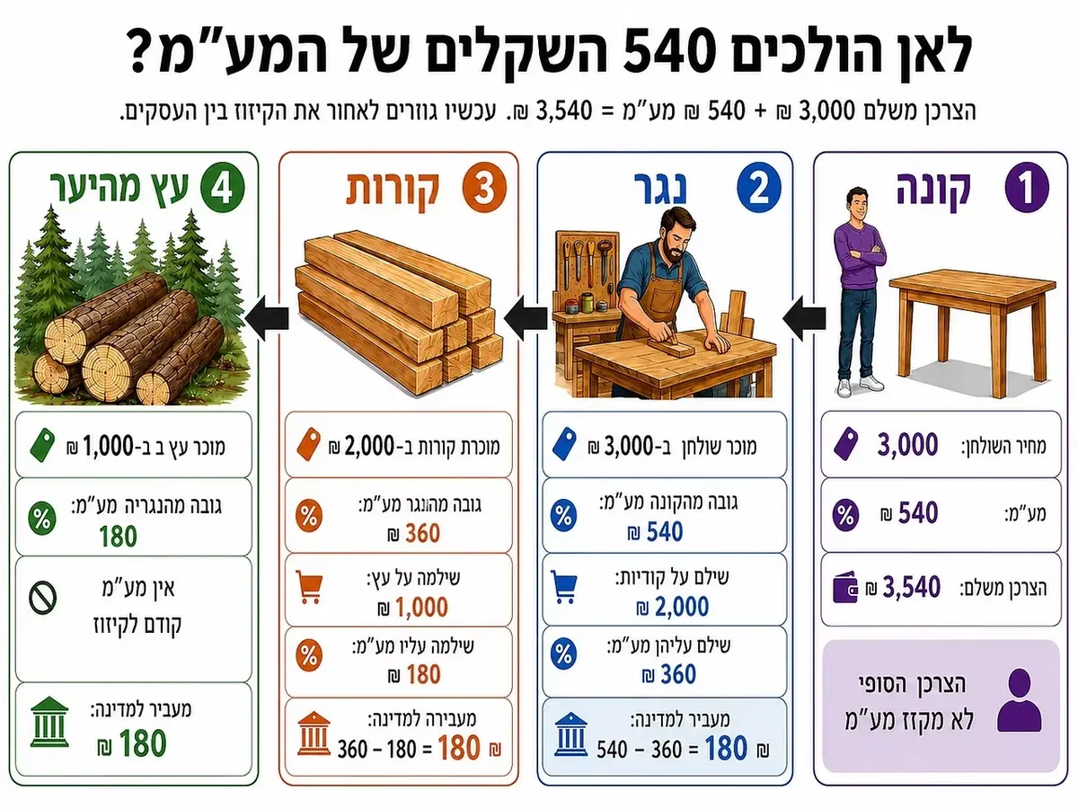 תרשים שרשרת המע״מ: עץ, קורות, נגר וצרכן, והמס שמועבר למדינה בכל שלב