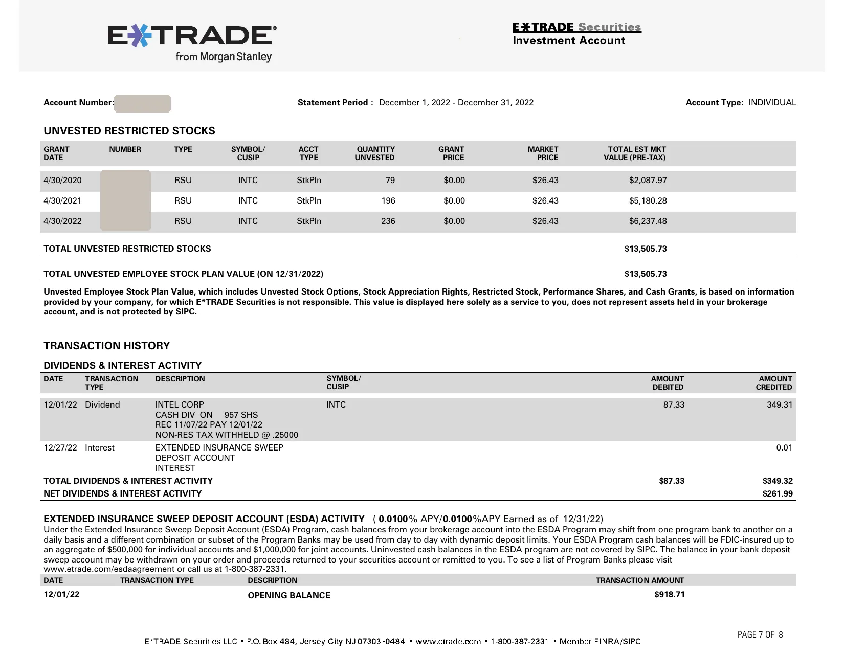 עמוד המענקים שלא הבשילו בדוח E*TRADE: שלושה מענקי RSU עם תאריך הקצאה, כמות שלא הבשילה ושווי לפני מס, ומתחת דיבידנד עם ניכוי מס בארצות הברית.