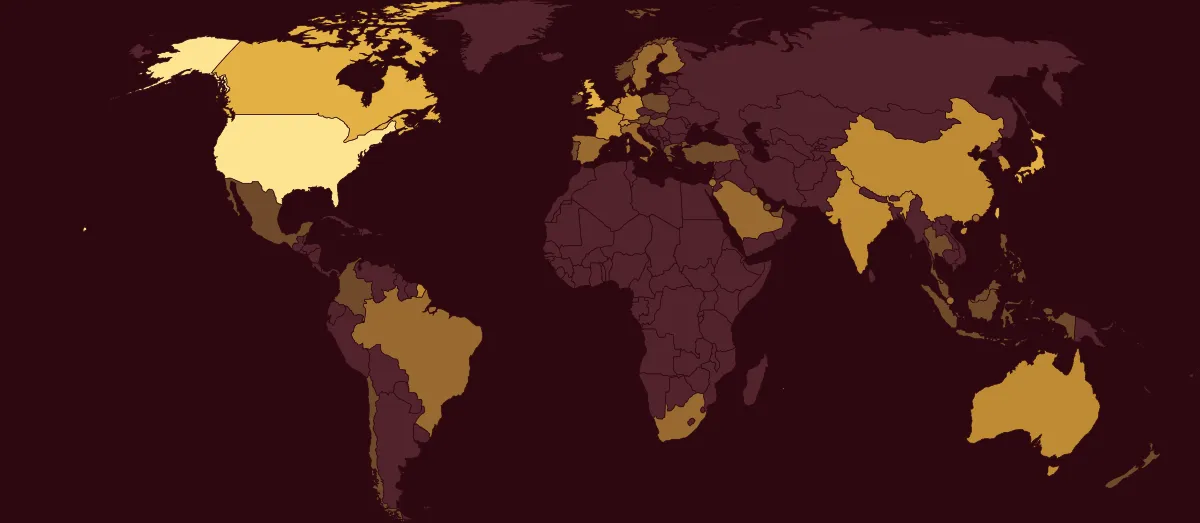 מפת העולם, צבועה לפי חלקה של כל מדינה: FTSE All-World