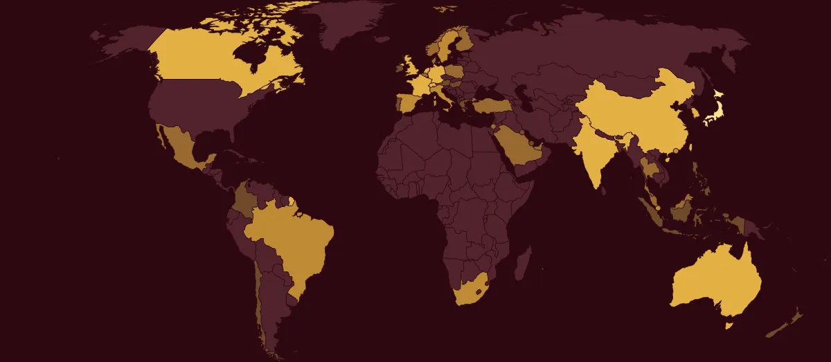 מפת העולם, צבועה לפי חלקה של כל מדינה: FTSE All-World ex US