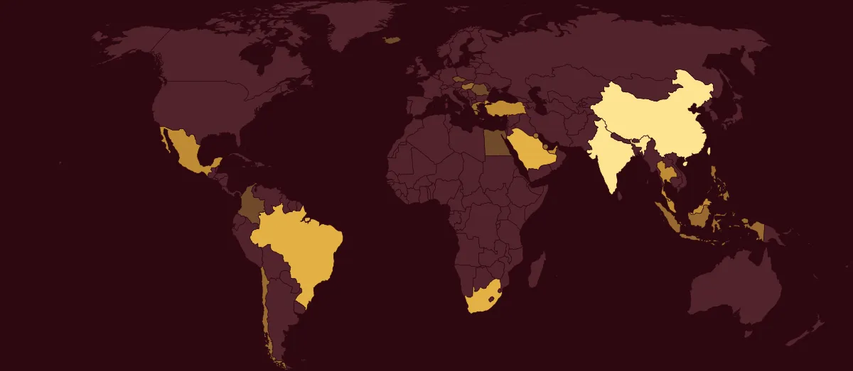 מפת העולם, צבועה לפי חלקה של כל מדינה: FTSE Emerging Markets All Cap China A Inclusion
