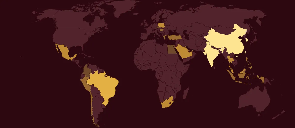 מפת העולם, צבועה לפי חלקה של כל מדינה: MSCI Emerging Markets IMI